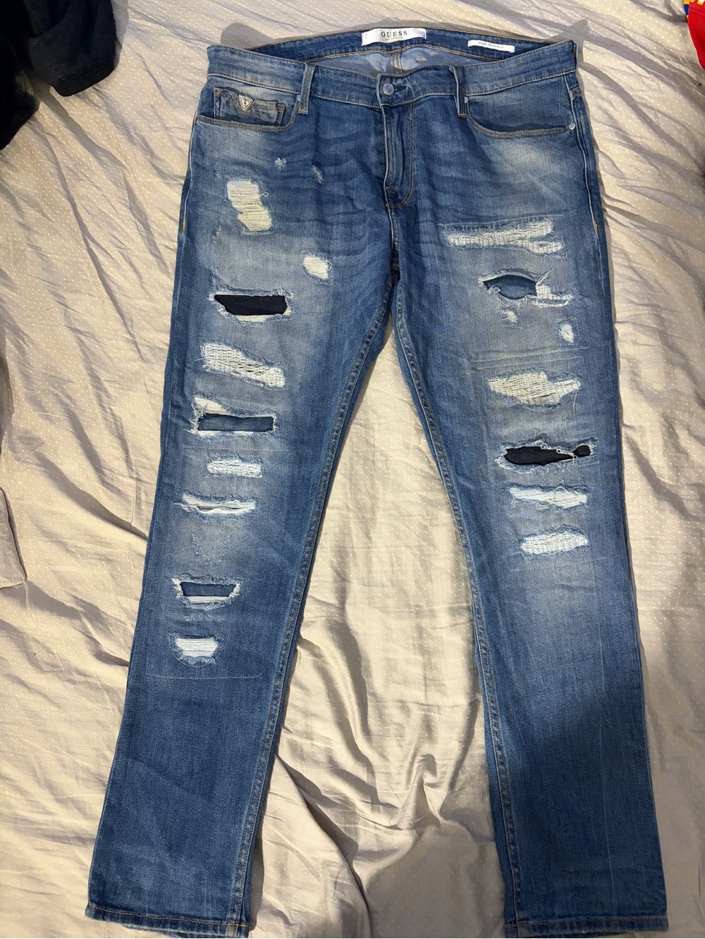 Guess Men’s Slim Straight Distressed Blue Jeans